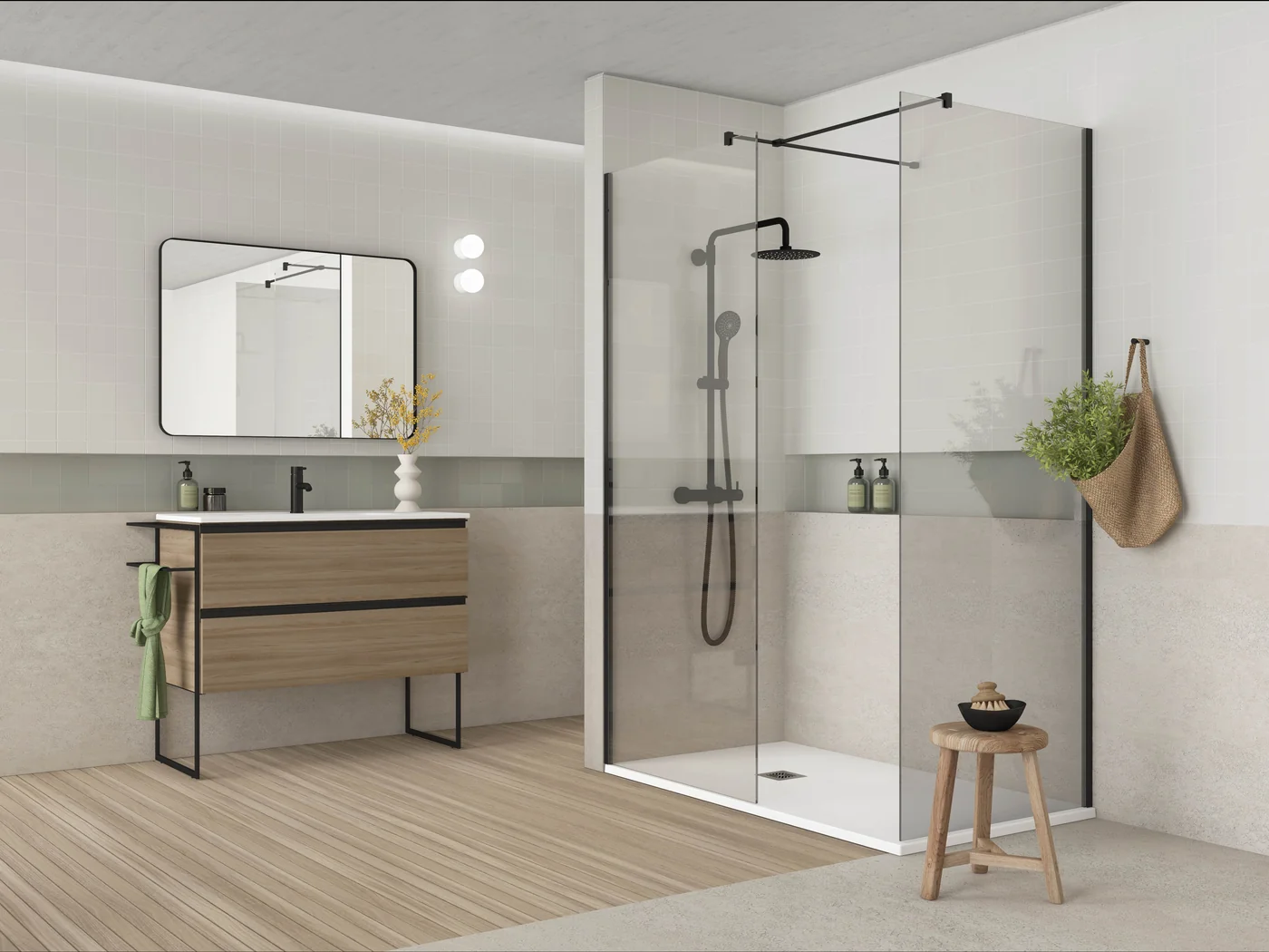 Base de duche da coleção Strat da Sanitana num ambiente de casa de banho