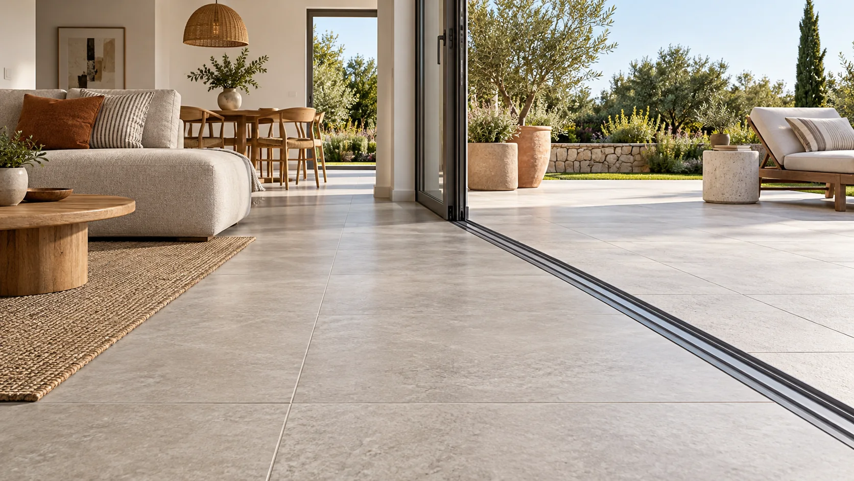 Pavimento cerâmico em sala e terraço de uma casa
